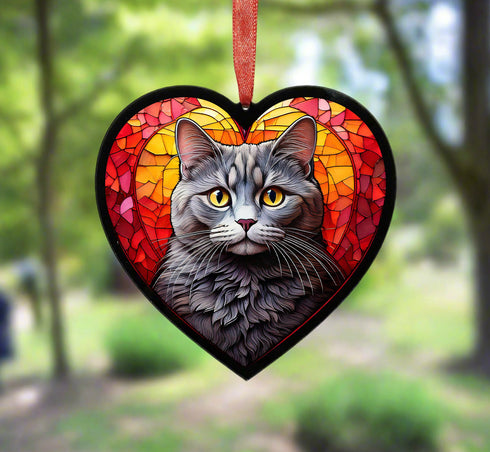 British Shorthair Cat Stained Glass Effect Heart Suncatcher